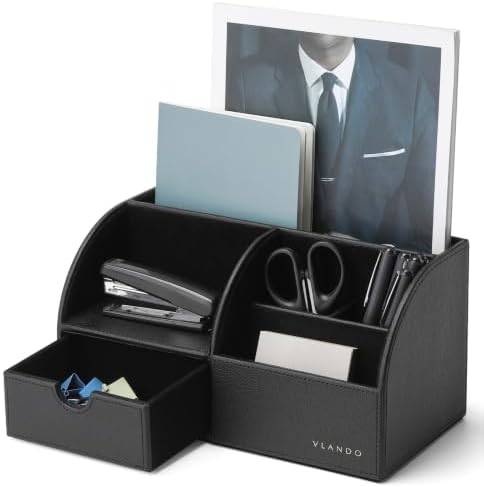 VLANDO Desk Organizer, 6-Compartment Faux Leather Desk Storage with Drawer