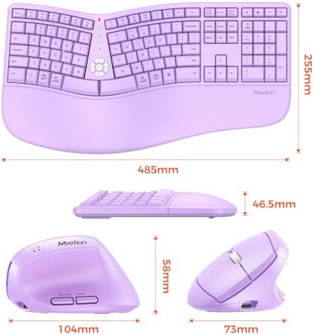 MEETION Ergonomic Keyboard and Mouse Combo, Split Wireless Design, Purple