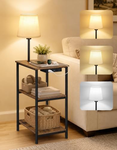 Side Table with Light & Charging Station, 3-Tier Narrow End Table