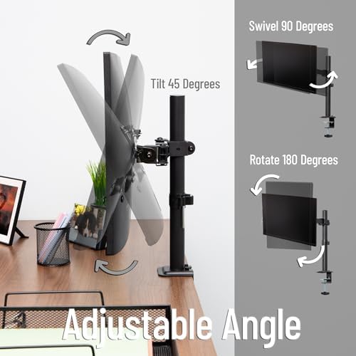 Mind Reader Single Monitor Desk Mount for 13–32 Inch Screens, Adjustable Arm with 180° Rotation, ±90° Swivel, ±45° Tilt, VESA 75x75/100x100, Integrated Cable Management, Up to 17.6 lbs Load, Black