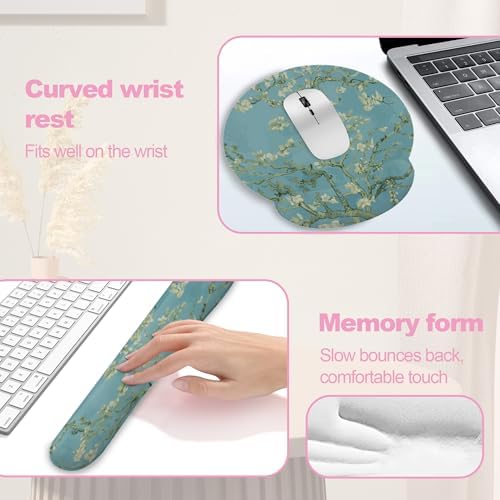 Blossoming Almond Tree Keyboard Wrist Rest Pad and Mouse Pad Wrist Support Set,White Flower 3-in-1 Ergonomic Mouse Pad with Non-Slip Rubber Base for Home Office Game Computers Desk,