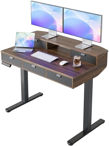 HUANUO 40 x 24 Inch Electric Standing Desk with 4 Drawers, Walnut