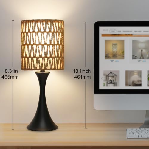 Rattan Table Lamp, 3 Way Touch Control Bedside Lamp with Dual-Layer Shade