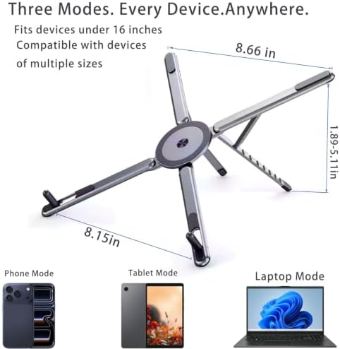 Foldable Laptop Stand, Adjustable w/Magnetic Phone Holder, Aluminum 10-16"