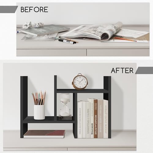 Jerry & Maggie Desktop Organizer Office Storage Rack Adjustable Wood Display Shelf Free Style Double H, Multi-Functional Mini Bookshelf for Desk Natural Stand (Black)