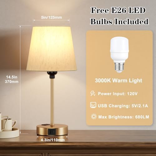Gold Bedside Lamps Set 2 for Bedroom - Dimmable Touch, USB C+A, AC Outlet