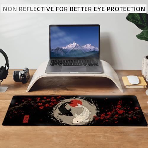 Koi Fish Gaming Mouse Pad,Japanese Large Desk Mat, 31.5x11.8x0.12in Extended Non-Slip Rubber Red Flower Art Mousepad, Computer Deskmat Gifts, Laptop Mice Pads Decor for Office Home