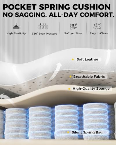 LUCKRACER Gaming Chair with Pocket Spring Cushion and Footrest, PU Leather 90°-155° Reclining Computer Chair, 4.5" Height Adjustment, Ergonomic Office Chair with Lumbar Support, White