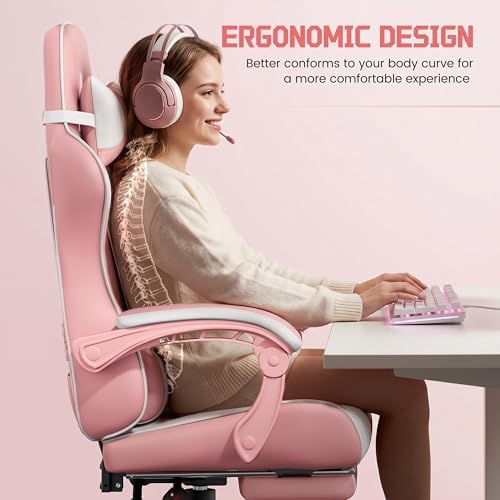 Yaheetech Gaming Chair with Footrest Massage Lumbar Pillow Pink and White