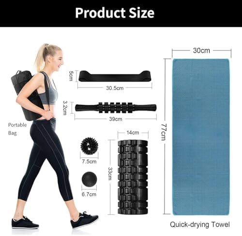 Aucuu 6 in 1 Foam Roller Set Includes Hollow Core Massage Roller, Yoga Stick, Massage Ball, Fitness Stretching Strap, Carrying Bag, Towel, Massage Roller (Black)