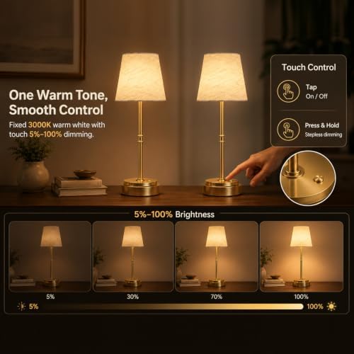 Cordless Table Lamps 2 Pack, Rechargeable Battery Operated Lamps, Gold