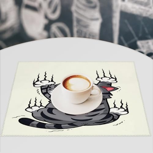 Cute Cat Stretching with Claws Out Washable Placemats Set of 4, Durable Heat Resistant Table Mats 17.7 X 11.8 Inch for Dining Table Kitchen Decor Indoor Use
