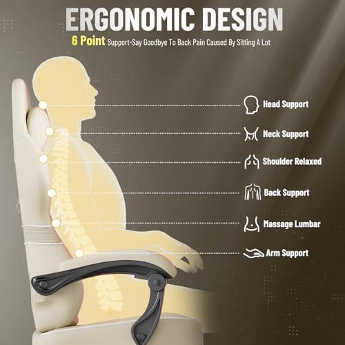 Huracan Ergonomic Gaming Chairs with Footrest, Adjustable Video Game Chairs with Massage Lumbar for Adults, Reclining Racing Computer Chair with Spring Cushion Extended Seat for Home Office, Beige