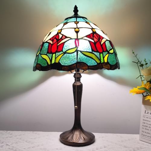 Tiffany Table Lamp Red Baroque Style Stained Glass Lamp 12X12X18 Inch Antique Lamp for Office Home Bedroom Living Include 3-Color LED Bulb