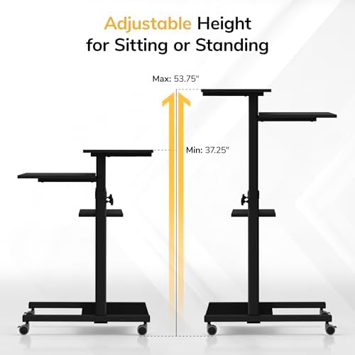 Mount-It! Mobile Computer Cart with Monitor Mount for Screen up to 32", Portable Desk on Wheels, Rolling Laptop Stand for Teachers, Office, Classroom, Rise up to 53", Podium, Keyboard Tray, Black