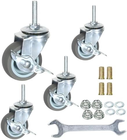 2 Inch Swivel Stem Caster Wheels with Brake Set of 4, M8-1.25 Threaded Stem Industrial Rubber Casters, Replacement for Furniture and Workbench