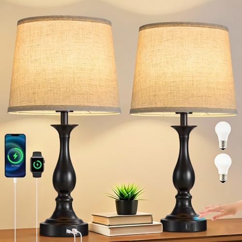 Bedside Table Lamp Touch Control Bedroom Lamps with USB A + C Charging Port 3 Way Dimmable Touch Lamps for Nightstand Living Room Bedroom Dorm Home Office Reading, Set of 2 (Beige Shade & Black Base)