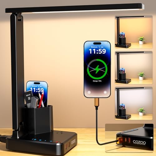 LED Desk Lamps for Dorm Office with USB C Charging Station, 800lm, CRI>90