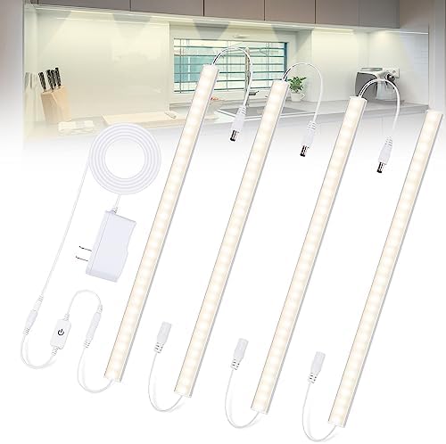 Under Cabinet Lights Plug-in Daylight White 4000K, Dimmable LED Under Cabinet Lighting, 4pcs 12 Inch Under-Counter Light Fixtures with Memory Function, Linkable LED Cabinet Light for Kitchen