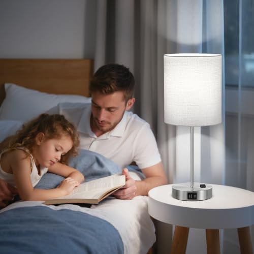 17.6" Grey Touch Lamps for Bedroom Set of 2 - Dimmable, USB C+A, AC Outlet