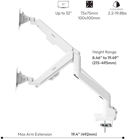Pixio PS1D Wave White Dual Monitor Arm Stand Desk Mount - Fits up to 32 inches Monitors and up to 19.8lbs. VESA Compatibility and Integrated Cable Management