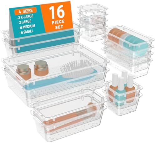 WOWBOX 16 PCS Clear Plastic Drawer Organizer Set, 4 Sizes Desk Drawer Organization and Storage Containers for Makeup, Cosmetics, Jewelry and Gadgets in Kitchen, Bathroom, Bedroom, Office, Clear