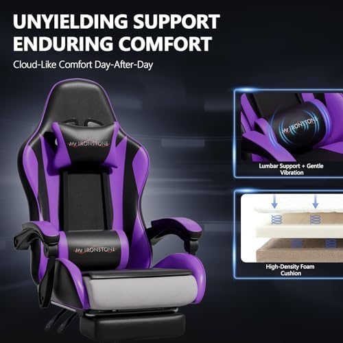Mr IRONSTONE Gaming Chair with Footrest, Ergonomic Reclining Gamer Chair with Lumbar Support & Massage, High Back Racing Style Video Game Chair, Adjustable Headrest, Swivel Desk Chair, Purple
