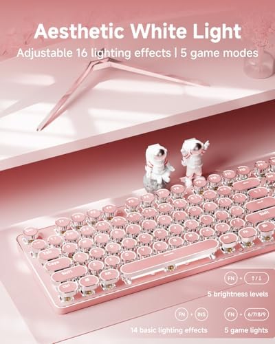 Wireless Typewriter Style Mechanical Keyboard with White Backlit, Pink