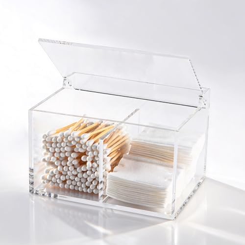 Clear Acrylic Cotton Swab Ball Holder Qtip Organizer with Lid 2-Grid Canister for Make Up Pads, Floss Picks, Vanity Storage,Bath Salts, Cosmetics, Home Bathroom Decor (DP004)