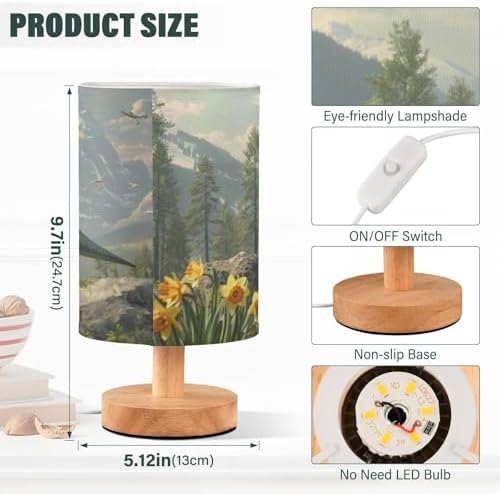 Bedside Lamp Dinosaur Mountain Table Lamp for Bedroom LED Nightstand Lamp Shade USB Ports Wood Base for Living Room Dorm Office
