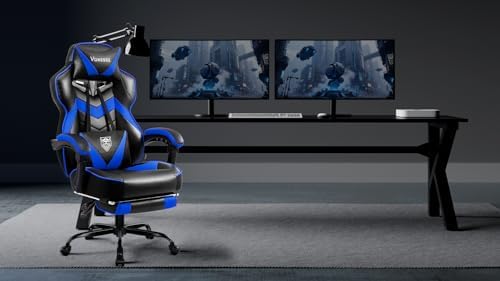 Vonesse Gaming Chair, High Back Gaming Chair with Footrest and Massage, Gaming Chairs for Adults with Pocket Spring Cushion, Big and Tall Reclining Computer Chair with Lumbar Support (Blue/Black)