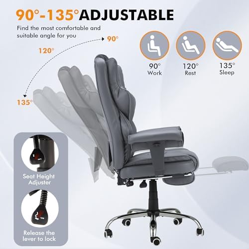 HOMREST 6-Point Massage Executive Chair, Heated Office Chair, Ergonomic Home Office Desk Chairs with Retractable Footrest & Adjustable Armrest, Leather Computer Chair with Reclining Function, Grey