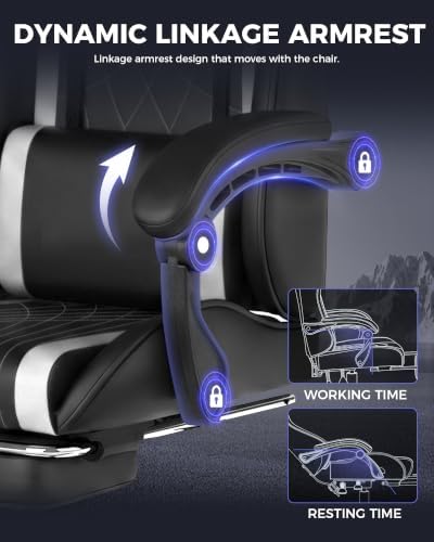 LUCKRACER Gaming Chair with Footrest, Pocket Spring Seat, 90°-135° Reclining Computer Chair with Linkage Armrests, Lumbar Support, Height Adjustment, SGS-Tested Gas Lift, 330 lbs Capacity, White