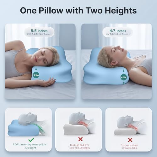 Cervical Pillow for Neck Pain Relief, Memory Foam Neck Pillow for Sleeping, Ergonomic Side Sleeper Pillow, 2 Heights Contour Orthopedic Pillow Deep Sleep Pillow for Side Back Stomach Sleepers (Blue)