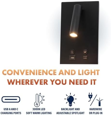 Newhouse Lighting 5 in. W x 9 in. L Vera Spotlight Reading Light in Matte Black with USB-A and USB-C Charging Ports NHRL-VE-BLK, Bedside Lamp for Nightstands, Space-Saving Office Desk Accessory