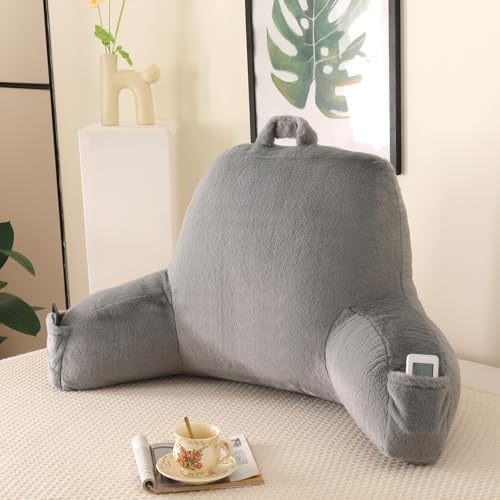 Soft Reading Pillow for Bed with Arms,Middle,Gray,Faux Fur