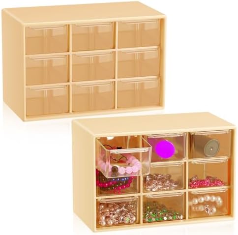Wenqik 2 Pcs Mini Storage Drawers with 9 Clear Drawers, Yellow
