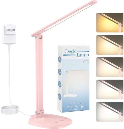 Desk Lamp with Charger, 10%-100% Stepless Dimmable & 5 Color Modes Study Lamp, Touch Control, 30-/60-minute Timer, USB Charging Output Port, CRI≥90, Eye-Caring Foldable LED Desk Lamps for Home Office