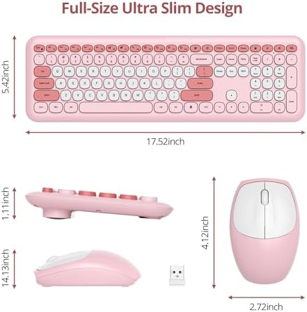 surmen Cute Wireless Keyboard and Mouse Combo, Pink Wireless Keyboard with Silent Mouse, Full Size Slim Low-Noise Soft Touch Round Keys for Home and Office,（6-Pink）