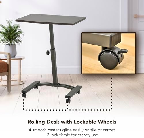 Displays By Jack Adjustable Height Rolling Laptop Desk, Portable Sit Stand Computer Table on Wheels – 24 x 16 in Mobile Workstation for Home Office, Classroom, Study Room