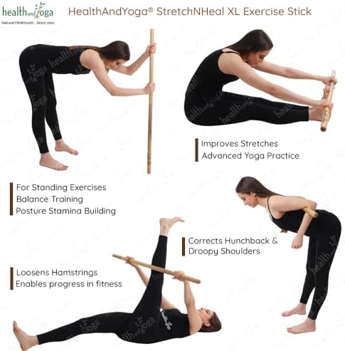 HealthAndYoga™ StretchNHeal Collapsible Multi-Use Wooden Yoga Stick - Regular and XL - Portable Posture Corrector Pole, Stretch Mobility Stick, Physical Workout Exercise Dowel