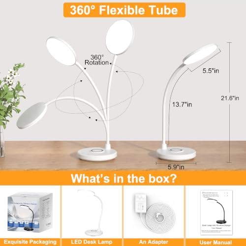 Desk Lamps for Home Office, Wireless Charger 800LM CRI95+ Desk Light, White