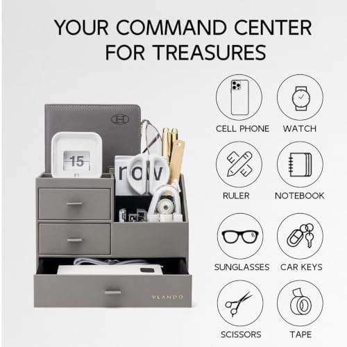 VLANDO Desk Organizer,PU Leather Office Storage with Compartments,Gray