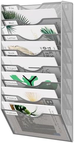 EasyPAG 8 Pocket Mesh Wall File Organizer, Hanging Paper Folder Holder with Classify Label, Vertical Wall Mount Mail Organizer for Office Home Classroom, Silver