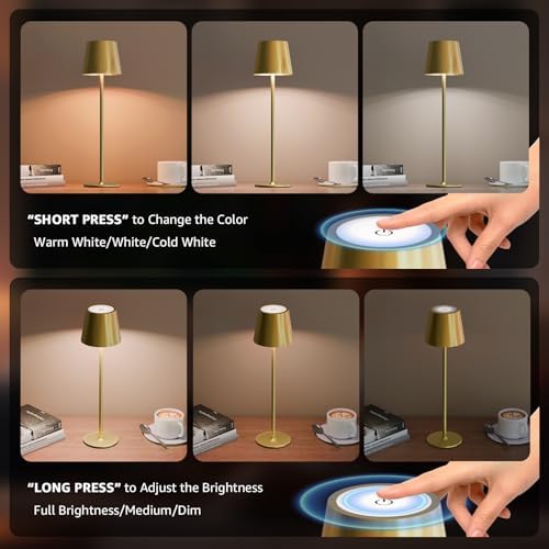 uuffoo 2 Pack Cordless Table Lamp Rechargeable 5000mAH Battery Operated Lights Touch Control LED Portable Desk Lamps 3 Color Dimming for Outdoor Coffee Bedroom Kitchen (Gold)