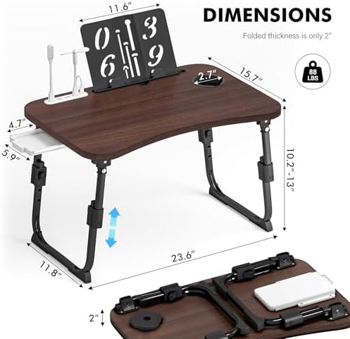 Lap Desk for Bed Adjustable Height, Foldable Bed Table with Storage Drawer, Tablet Slot & Cup Holder, Portable Laptop Stand for Bed & Sofa, Bed Desk for Adults & Kids, Walnut