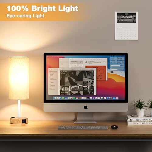 Touch Bedside Table Lamps Set of 2 - Bedroom Lamp with USB A+C, AC Outlet