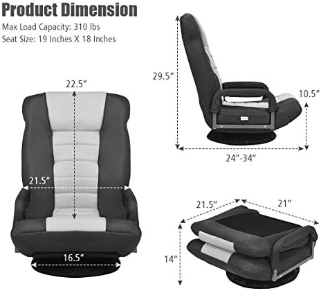 GIANTEX Floor Chair, 360 Degree Swivel Chair with Adjustable Backrest, Lumbar Support, Armrest, Foldable Lazy Sofa Rocker for TV, Reading, Playing Video Games, Black/Grey