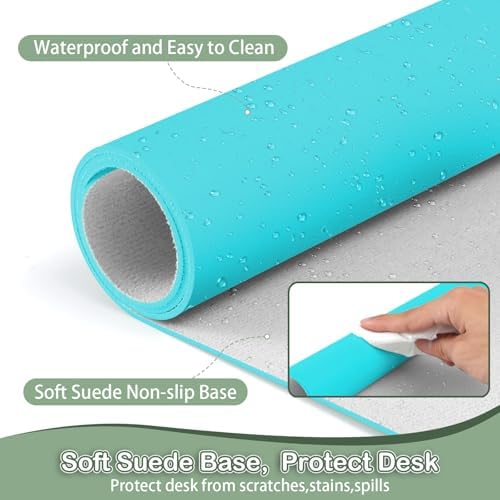 Boutilon Leather Desk Pad Protector,Laptop Desk Pad,Office Mouse Mat,Waterproof Leather Desk Blotter,Desk Writing Pad for Office and Home (M-Bright Blue,30"x14")
