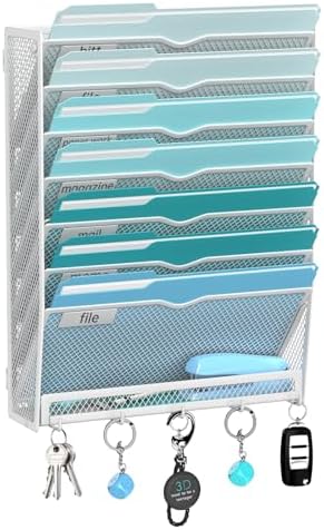 8-Tier Wall File Organizer and Mail Organizer with 5 Hooks, White